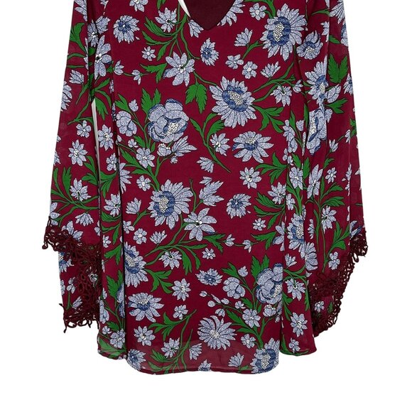 Entro Boho Bell Sleeve Floral Mini Dress Burgundy Blue Size Large - Picture 3 of 12